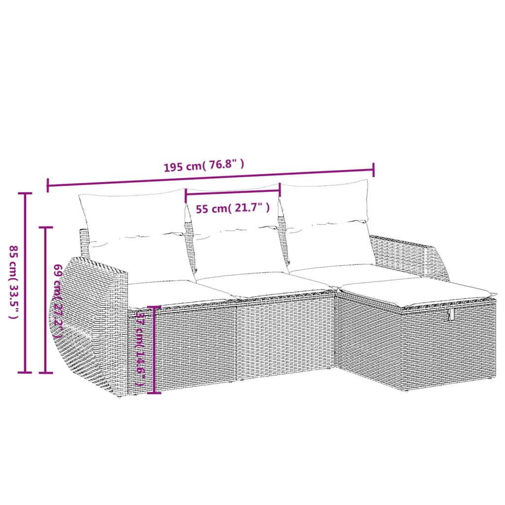 Set Divano da Giardino 4 pz con Cuscini Marrone in Polyrattan