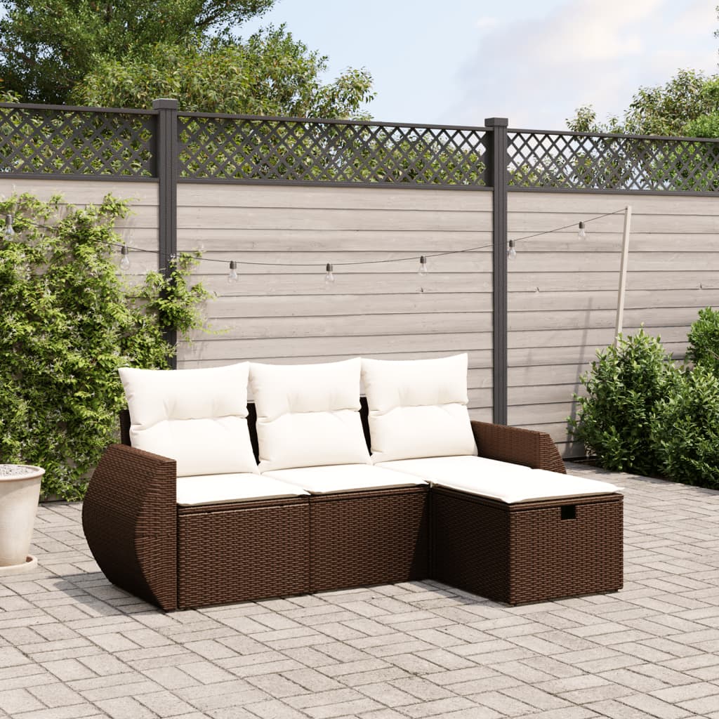 Set Divano da Giardino 4 pz con Cuscini Marrone in Polyrattan