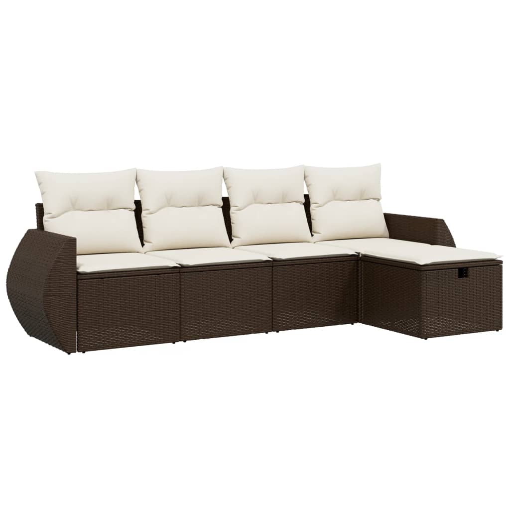 Set Divano da Giardino 5 pz con Cuscini Marrone in Polyrattan