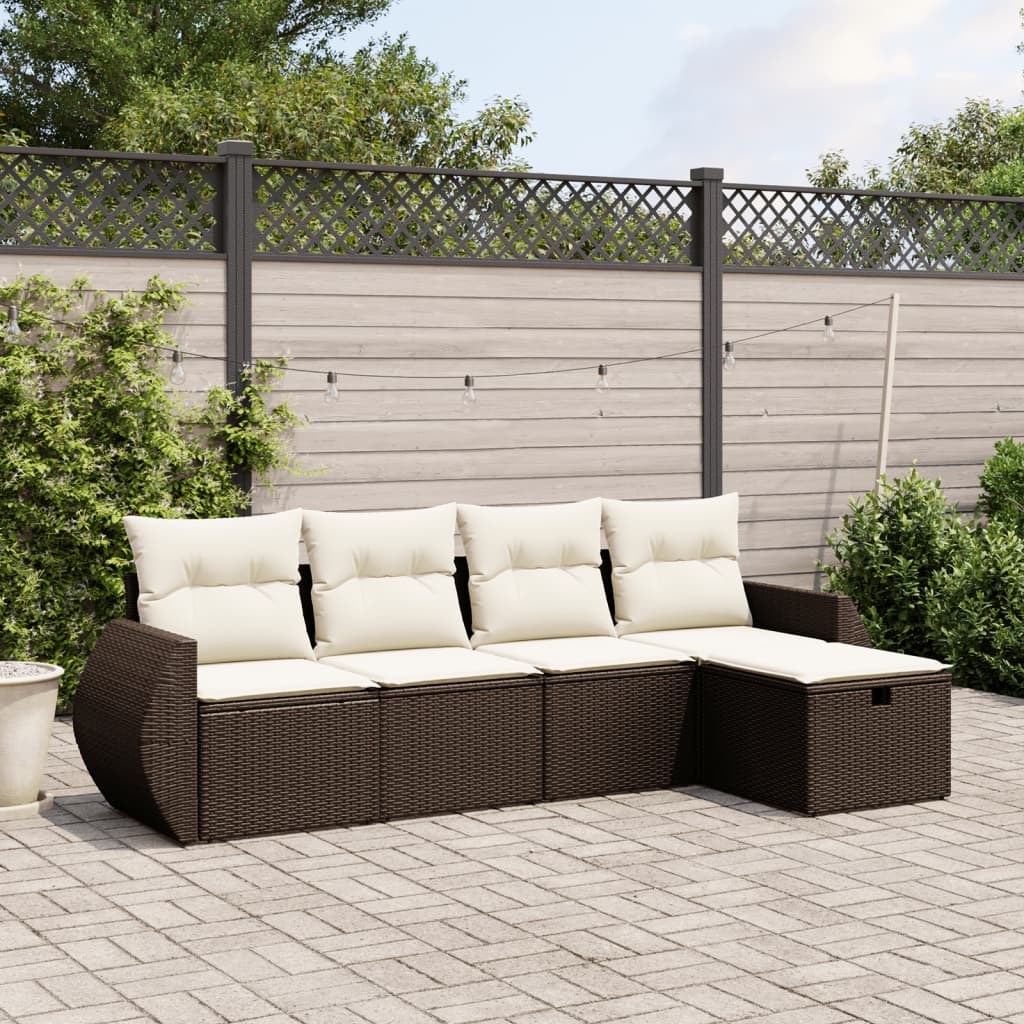 Set Divano da Giardino 5 pz con Cuscini Marrone in Polyrattan