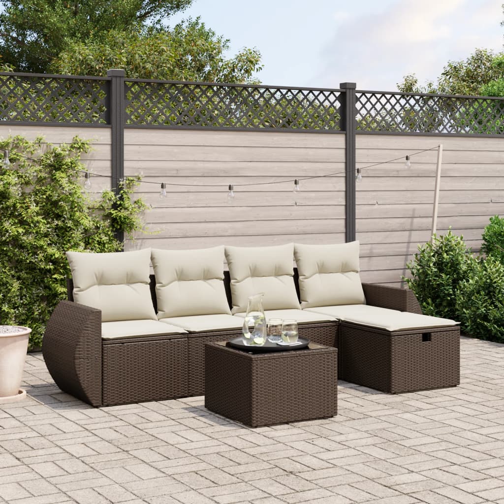 Set Divano da Giardino 6 pz con Cuscini Marrone in Polyrattan