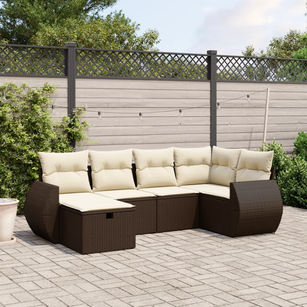 Set Divano da Giardino 6 pz con Cuscini Marrone in Polyrattan