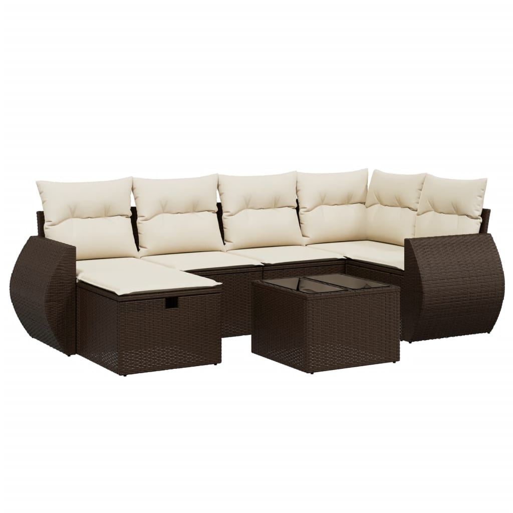 Set Divani da Giardino 7 pz con Cuscini Marrone in Polyrattan