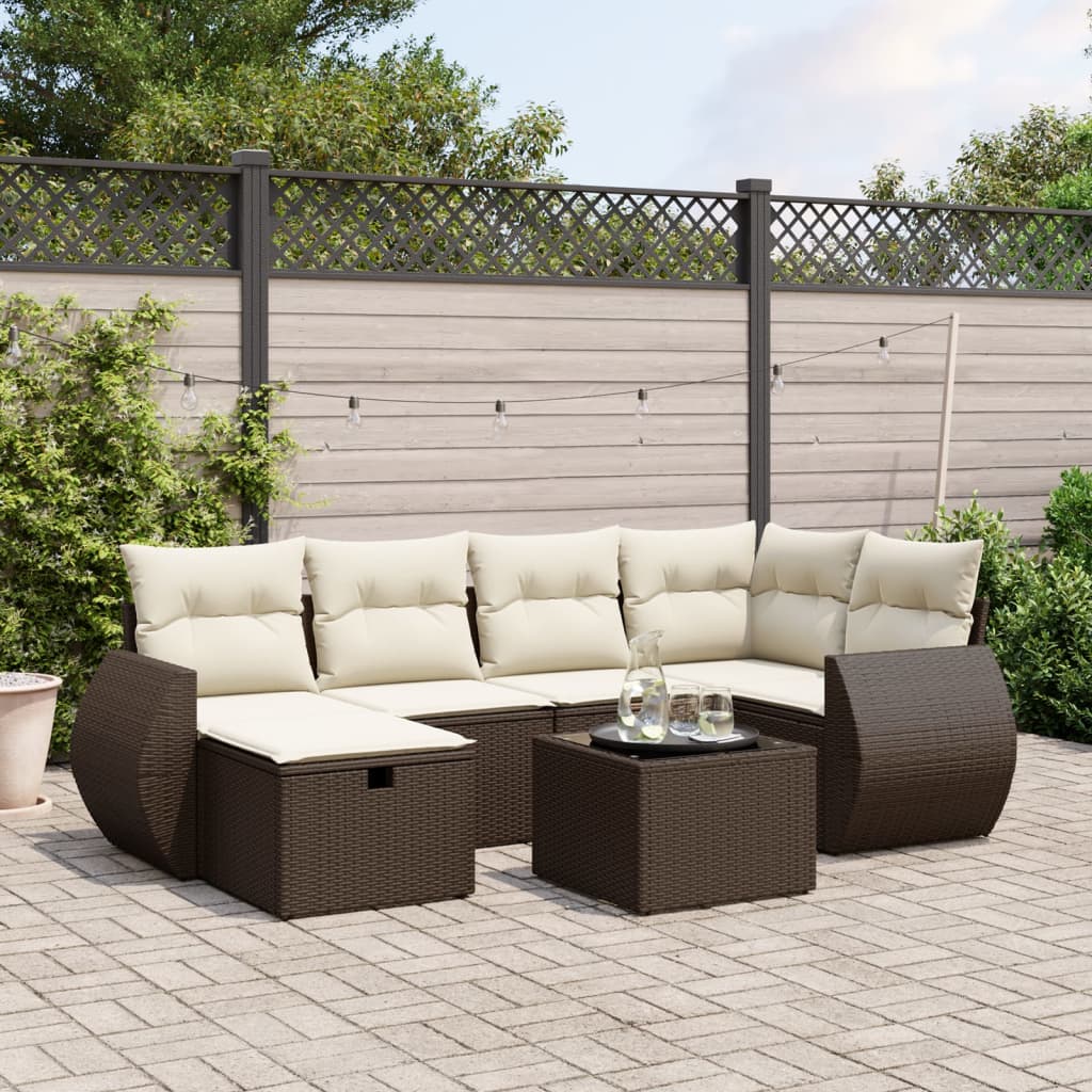 Set Divani da Giardino 7 pz con Cuscini Marrone in Polyrattan