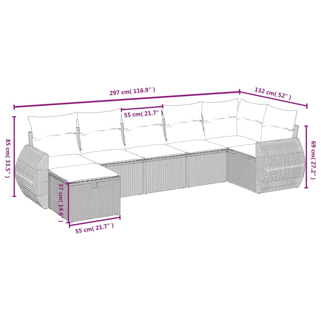 Set Divani da Giardino 7 pz con Cuscini Marrone in Polyrattan