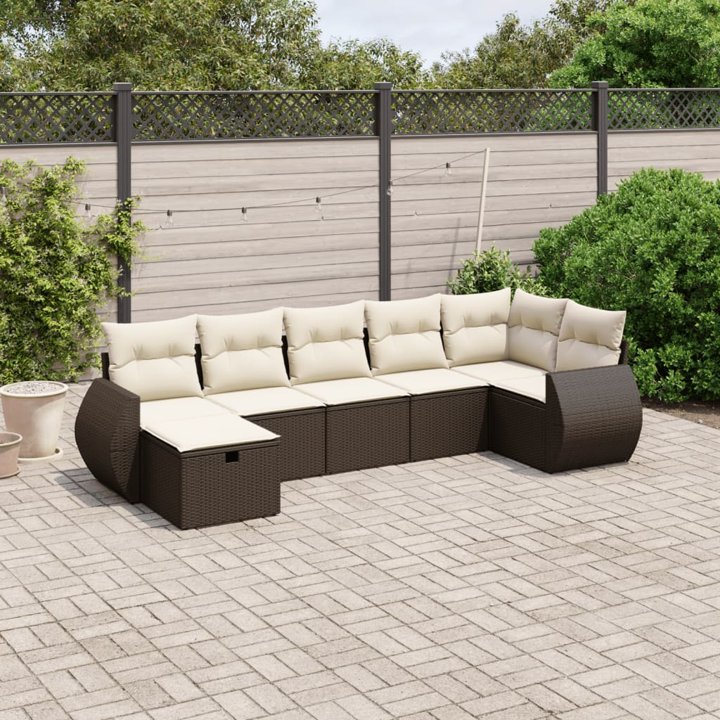 Set Divani da Giardino 7 pz con Cuscini Marrone in Polyrattan