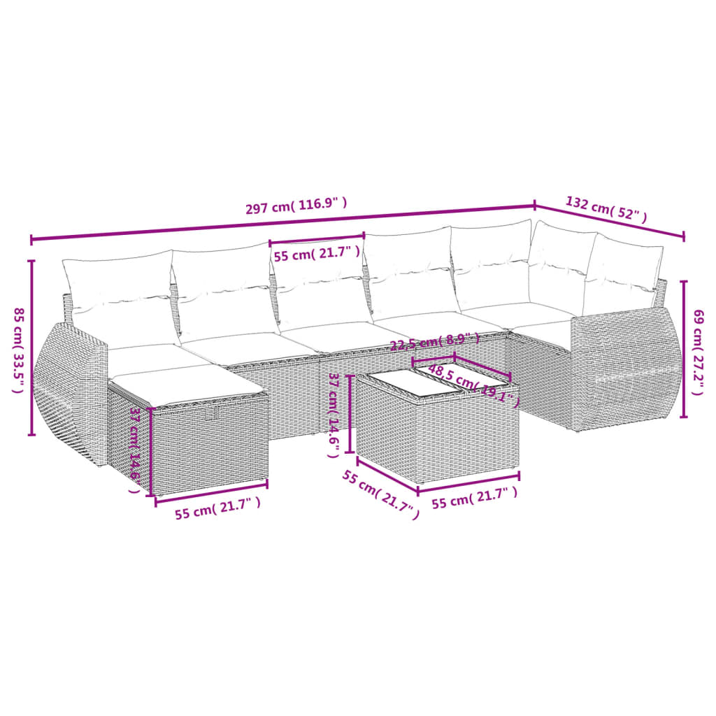 Set Divani da Giardino 8 pz con Cuscini Marrone in Polyrattan