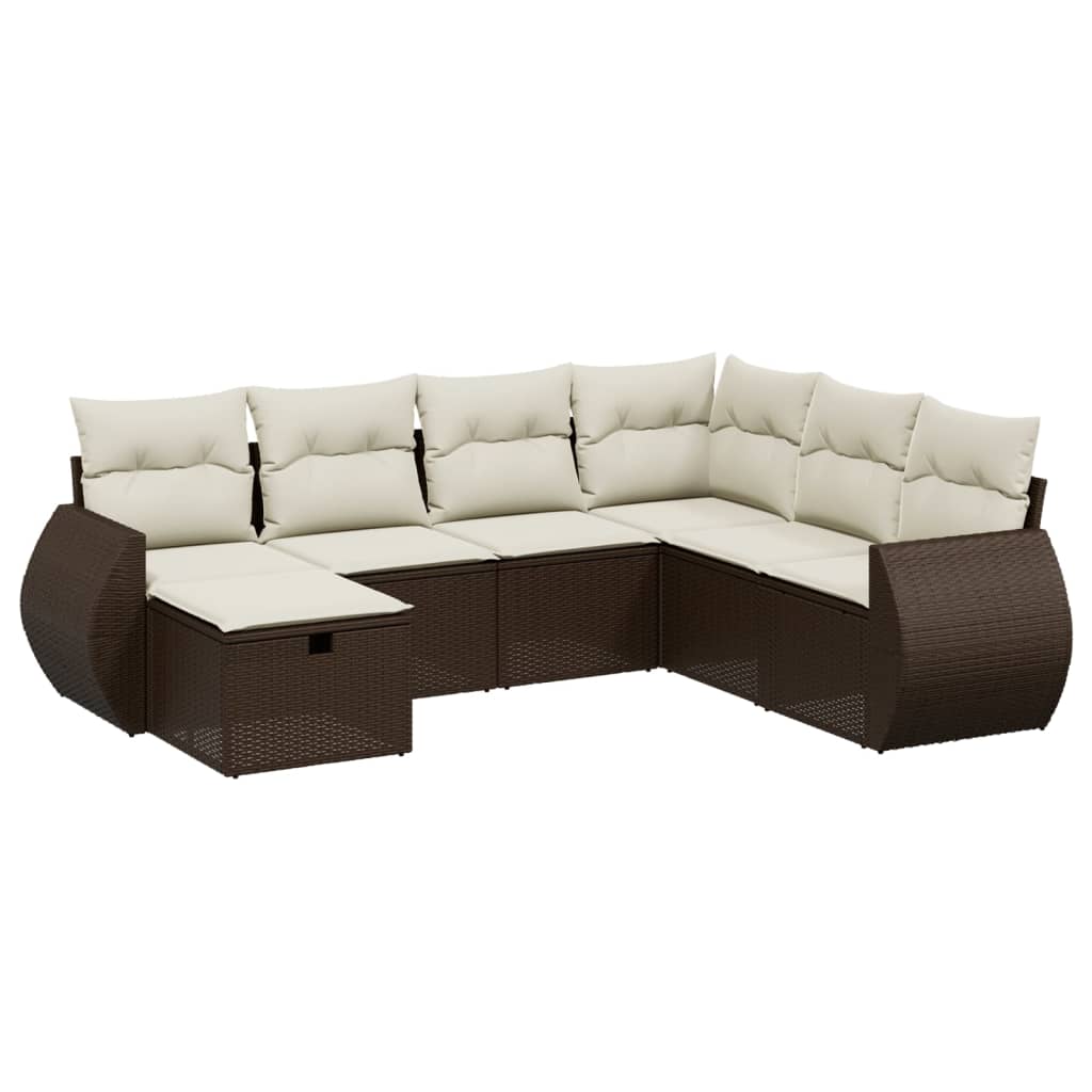 Set Divani da Giardino 7 pz con Cuscini Marrone in Polyrattan