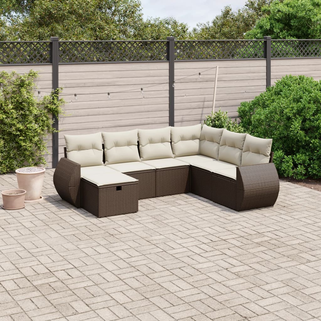 Set Divani da Giardino 7 pz con Cuscini Marrone in Polyrattan