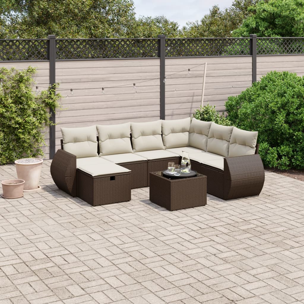 Set Divani da Giardino 8 pz con Cuscini Marrone in Polyrattan