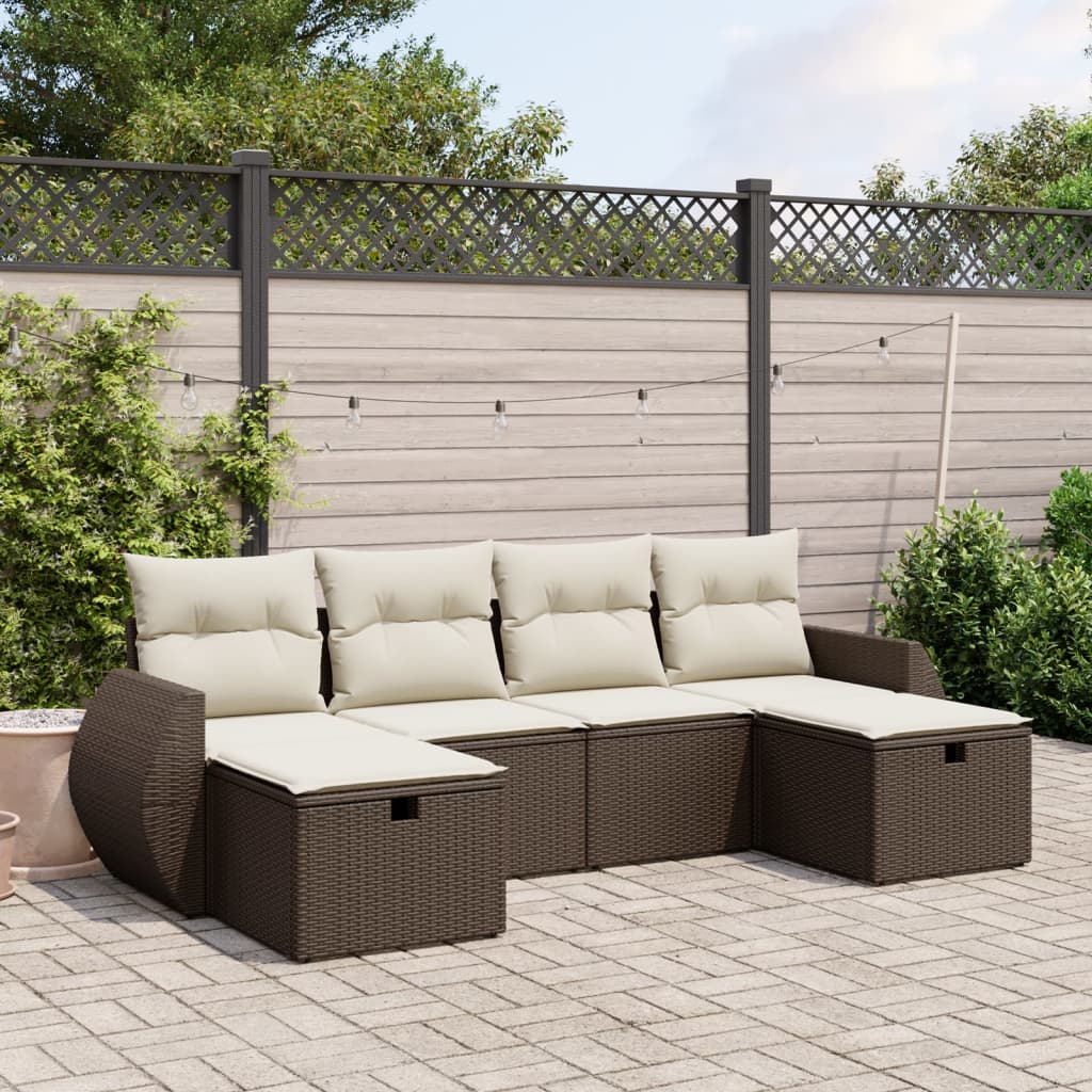 Set Divano da Giardino 6 pz con Cuscini Marrone in Polyrattan