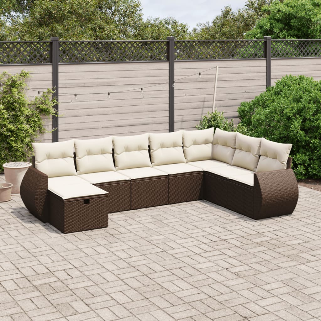 Set Divani da Giardino 8 pz con Cuscini Marrone in Polyrattan