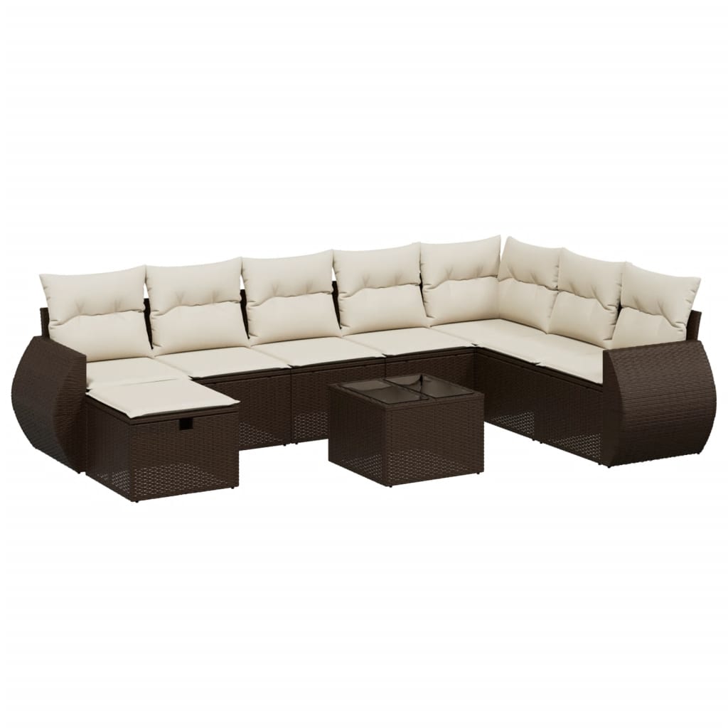 Set Divani da Giardino 9pz con Cuscini Marrone in Polyrattan