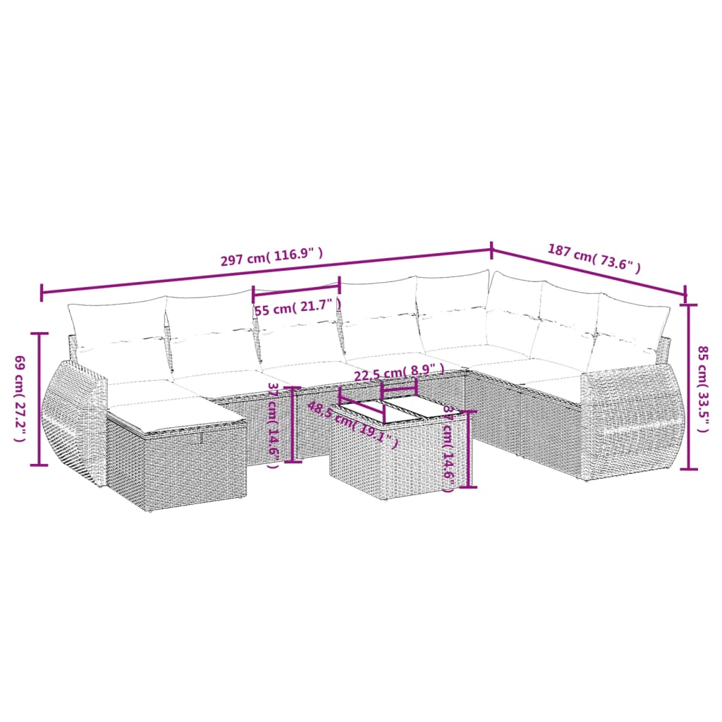 Set Divani da Giardino 9pz con Cuscini Marrone in Polyrattan