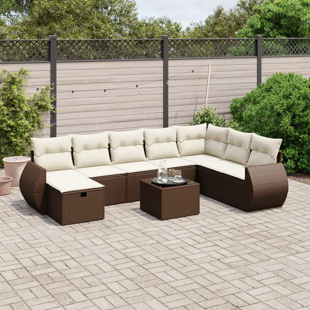 Set Divani da Giardino 9pz con Cuscini Marrone in Polyrattan