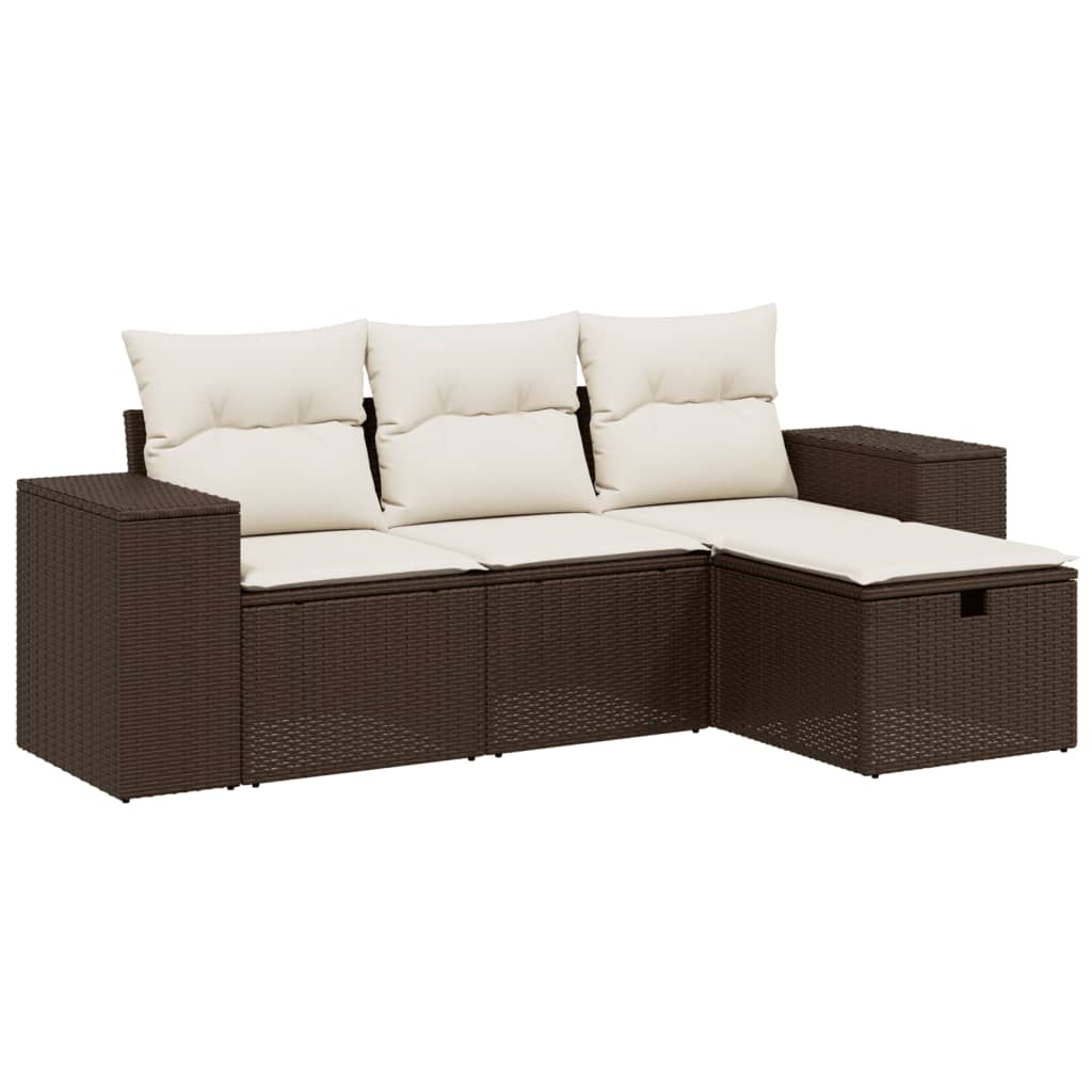 Set Divano da Giardino 4 pz con Cuscini Marrone in Polyrattan