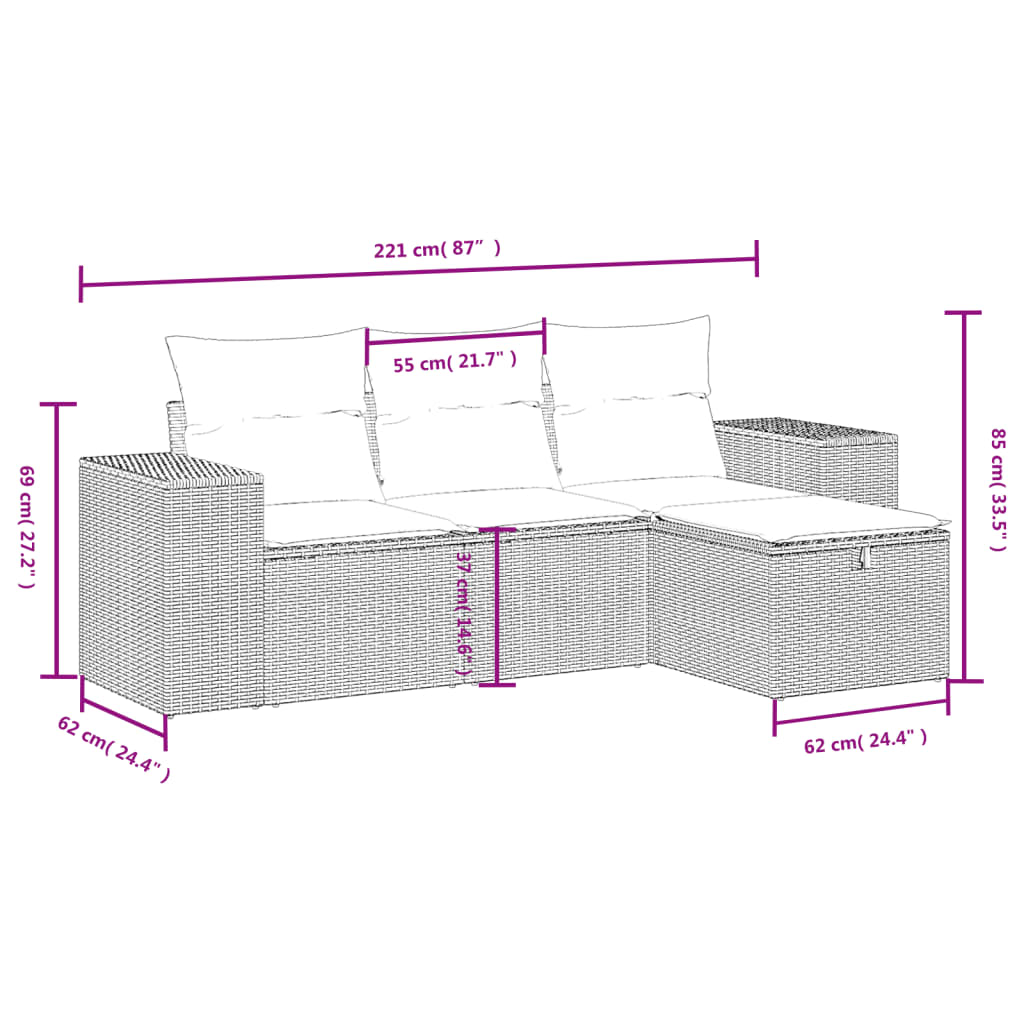 Set Divano da Giardino 4 pz con Cuscini Marrone in Polyrattan