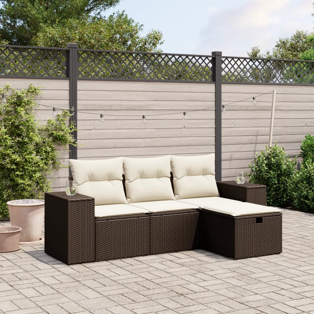 Set Divano da Giardino 4 pz con Cuscini Marrone in Polyrattan