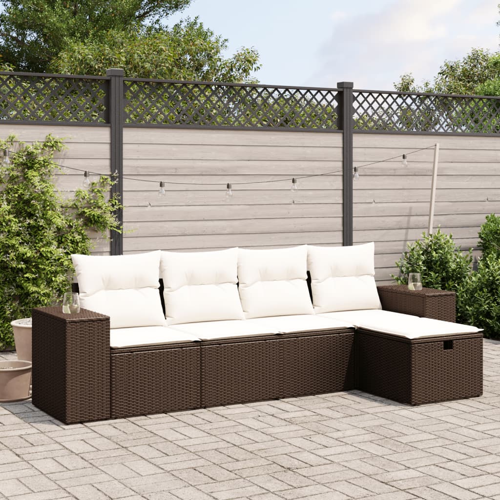 Set Divano da Giardino 5 pz con Cuscini Marrone in Polyrattan