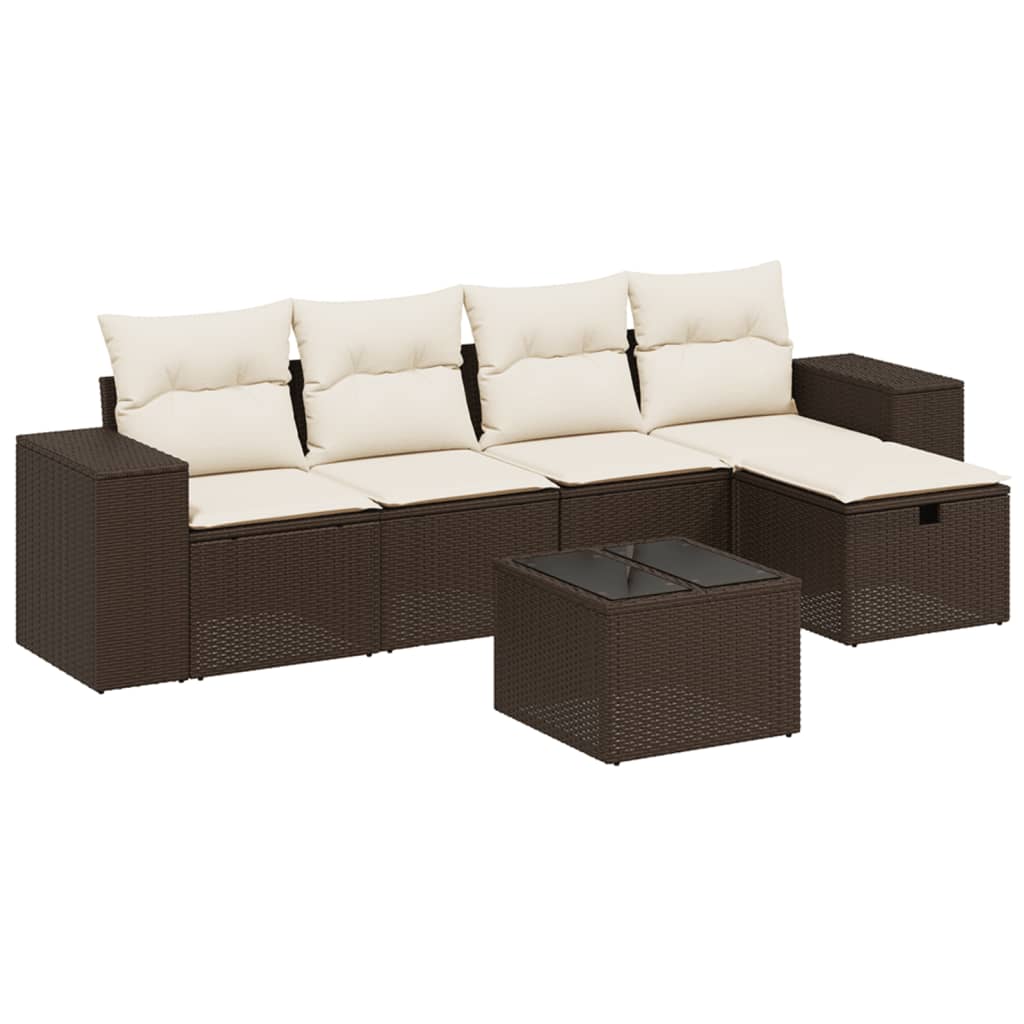 Set Divano da Giardino 6 pz con Cuscini Marrone in Polyrattan