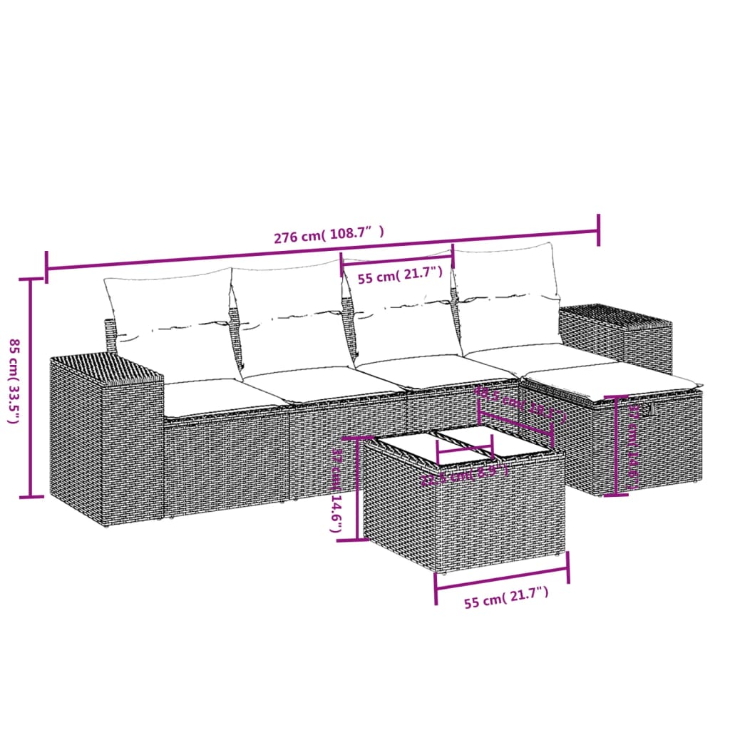 Set Divano da Giardino 6 pz con Cuscini Marrone in Polyrattan