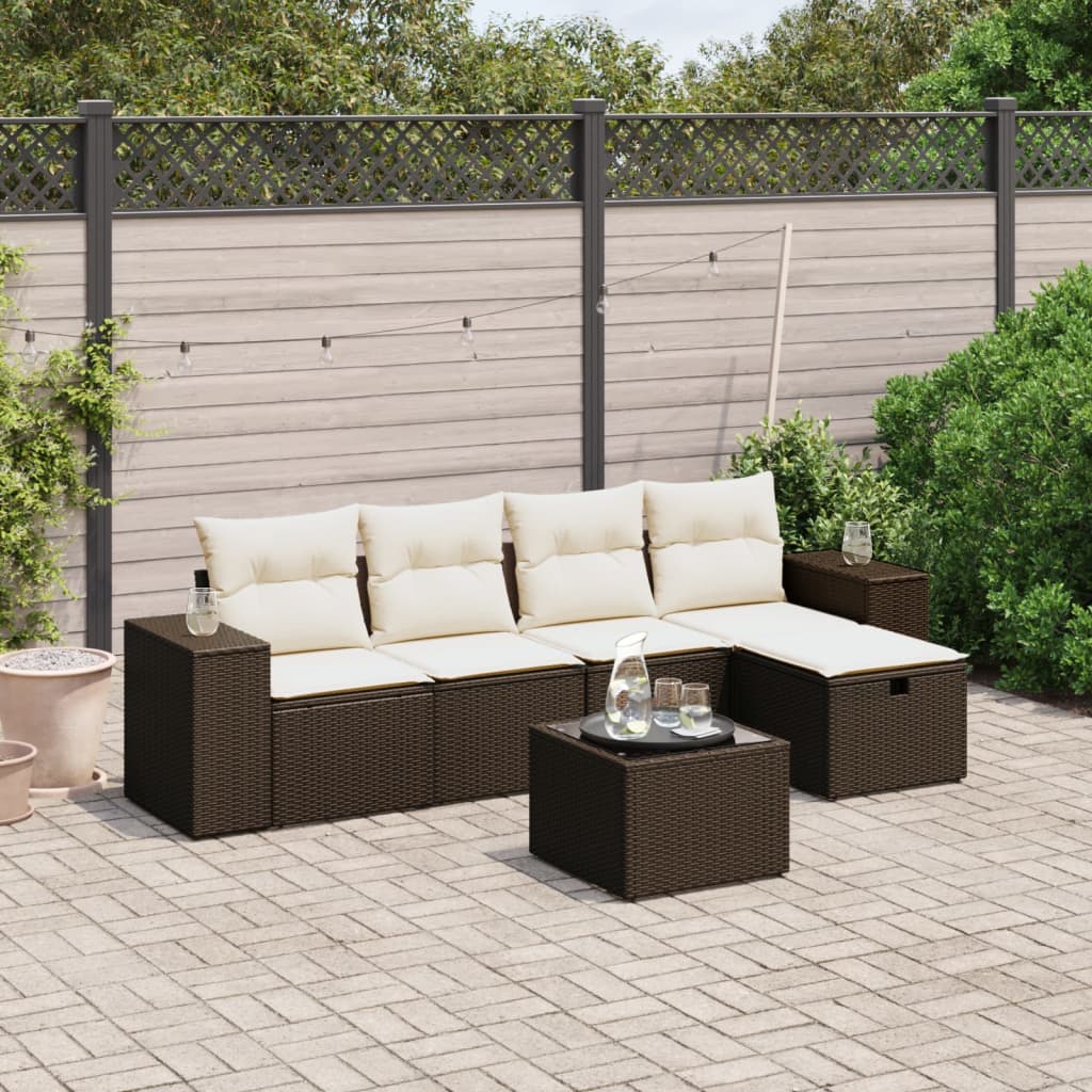 Set Divano da Giardino 6 pz con Cuscini Marrone in Polyrattan