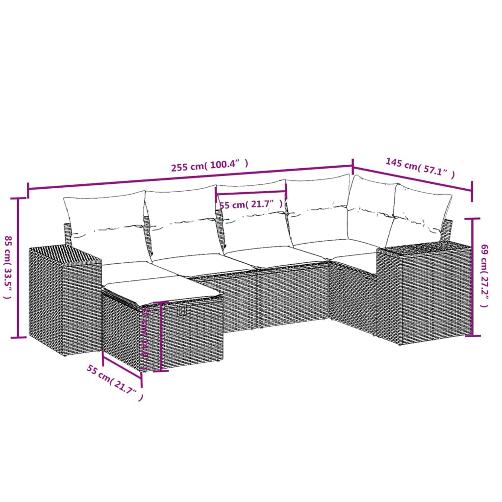 Set Divano da Giardino 6 pz con Cuscini Marrone in Polyrattan