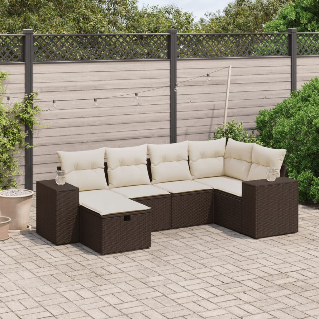 Set Divano da Giardino 6 pz con Cuscini Marrone in Polyrattan