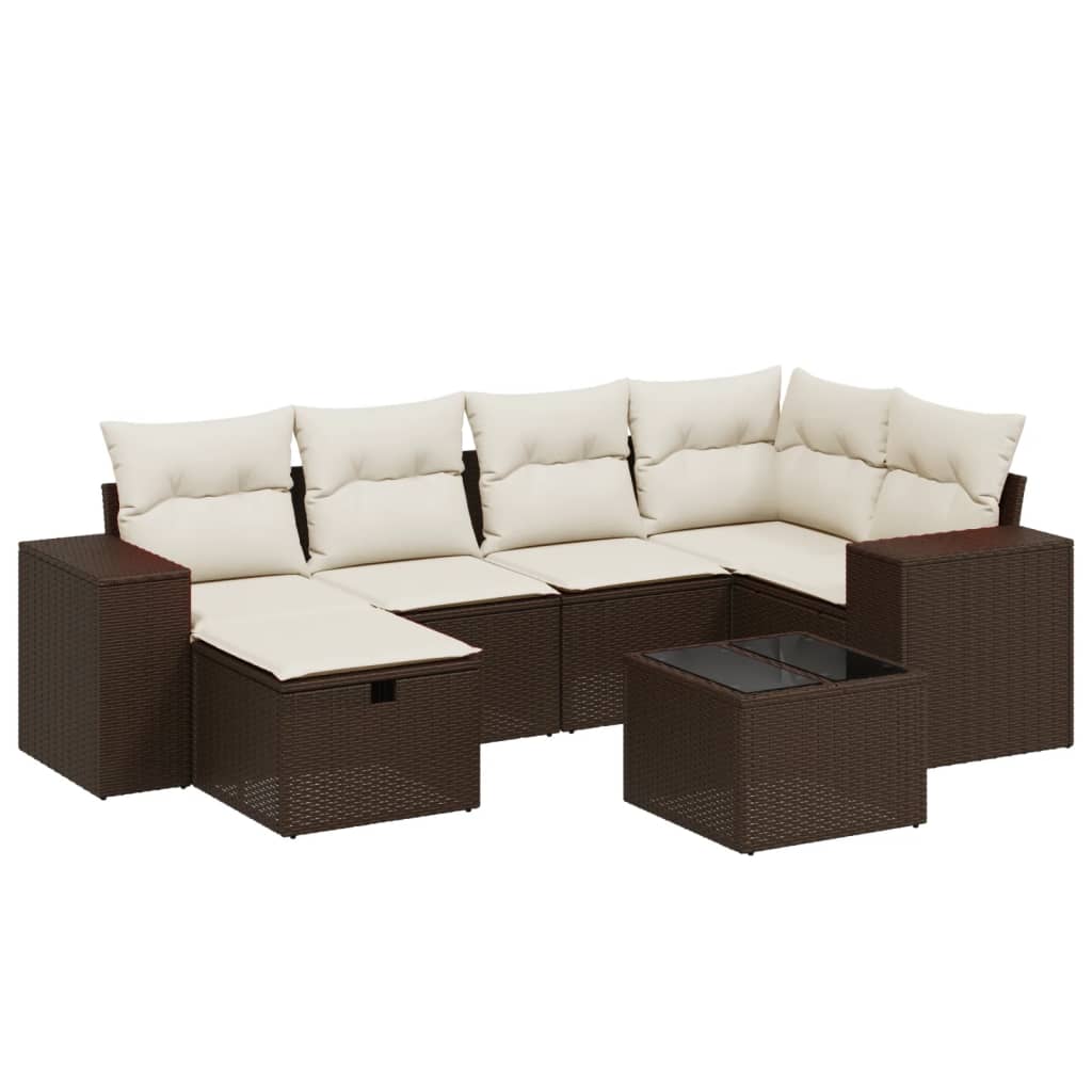 Set Divani da Giardino 7 pz con Cuscini Marrone in Polyrattan