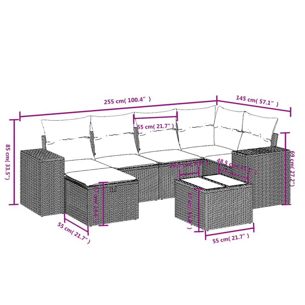 Set Divani da Giardino 7 pz con Cuscini Marrone in Polyrattan