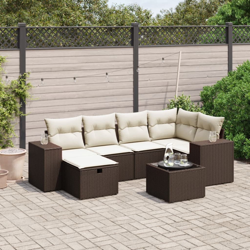 Set Divani da Giardino 7 pz con Cuscini Marrone in Polyrattan