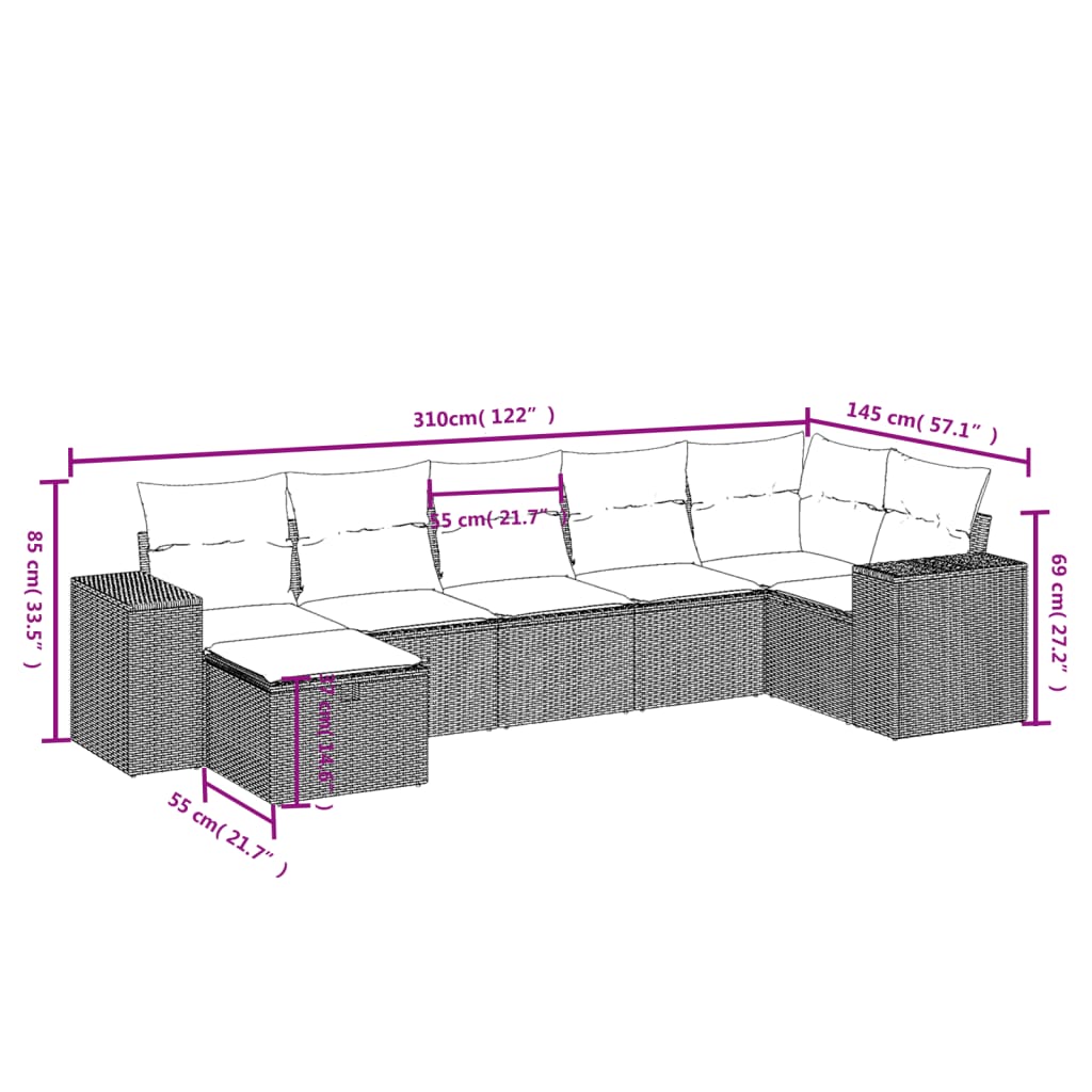 Set Divani da Giardino 7 pz con Cuscini Marrone in Polyrattan