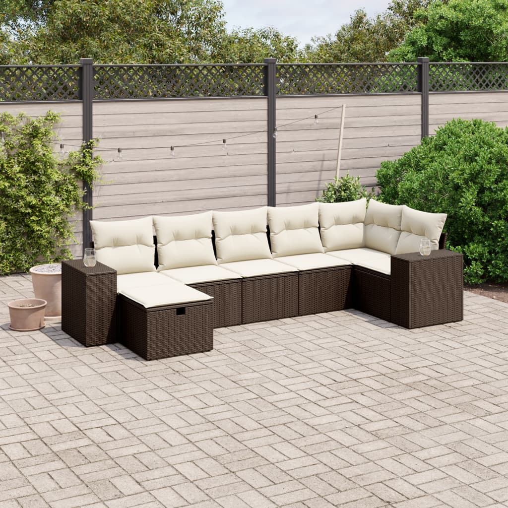 Set Divani da Giardino 7 pz con Cuscini Marrone in Polyrattan