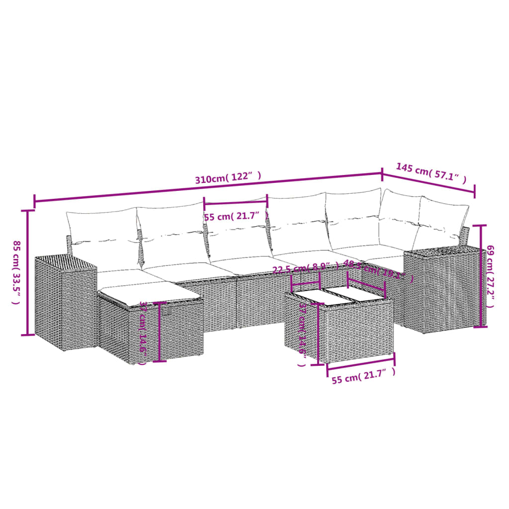 Set Divani da Giardino 8 pz con Cuscini Marrone in Polyrattan