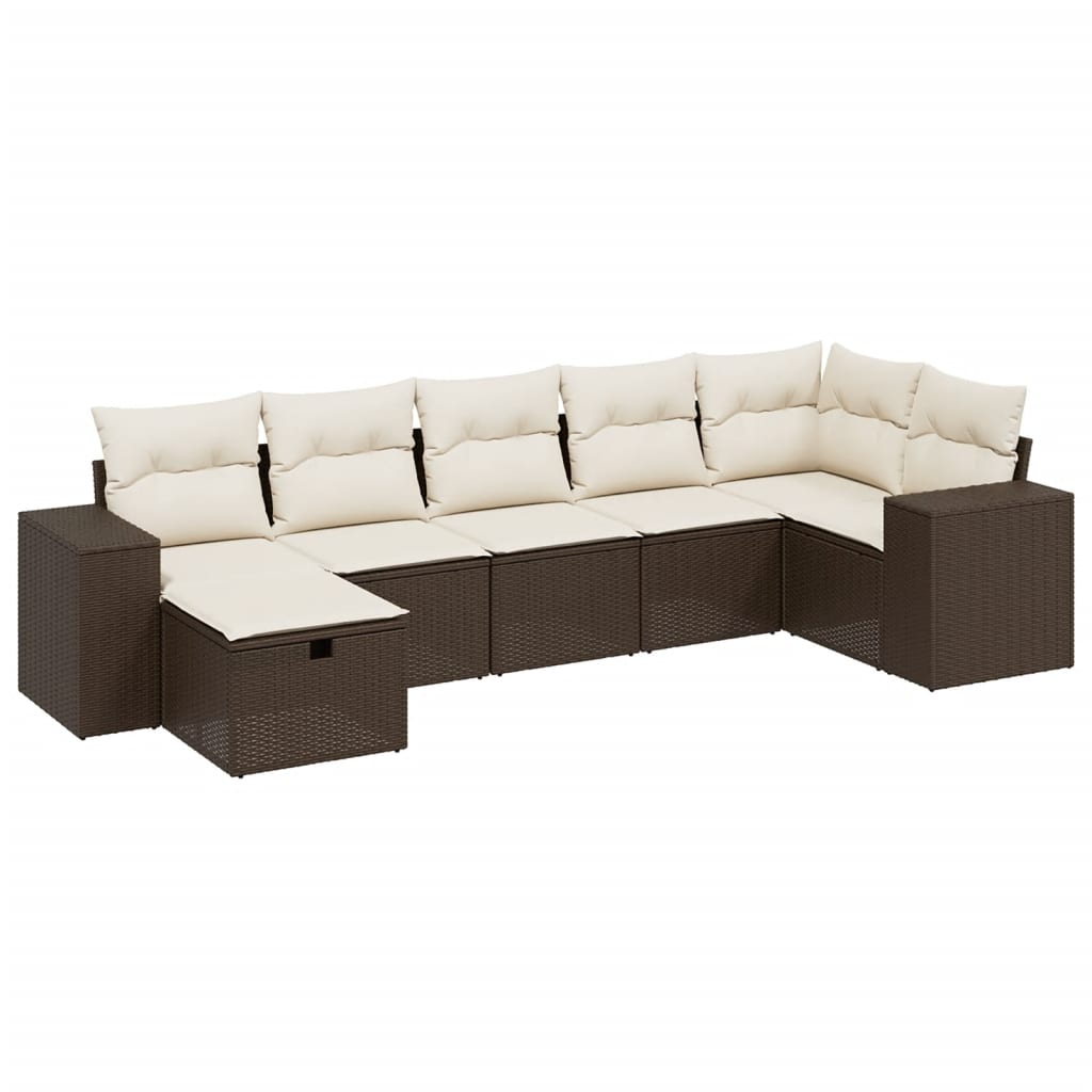 Set Divani da Giardino 7 pz con Cuscini Marrone in Polyrattan