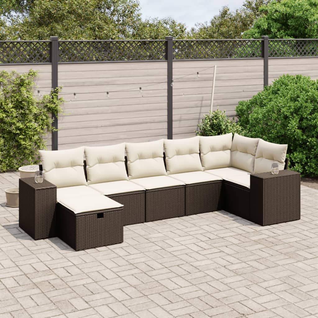 Set Divani da Giardino 7 pz con Cuscini Marrone in Polyrattan