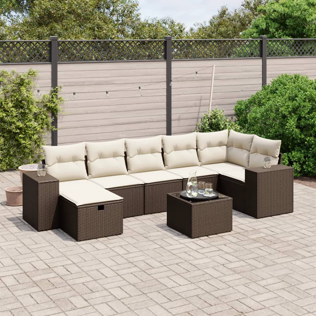 Set Divani da Giardino 8 pz con Cuscini Marrone in Polyrattan