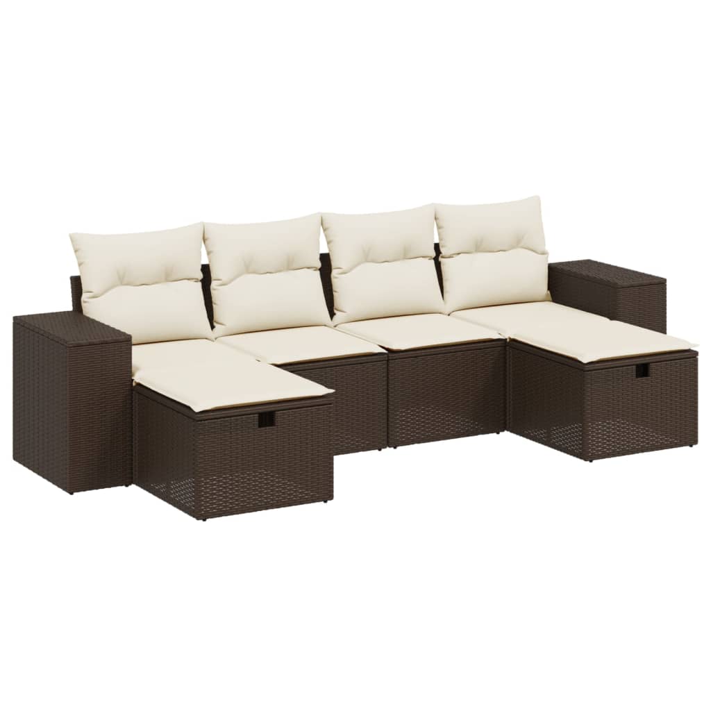 Set Divano da Giardino 6 pz con Cuscini Marrone in Polyrattan