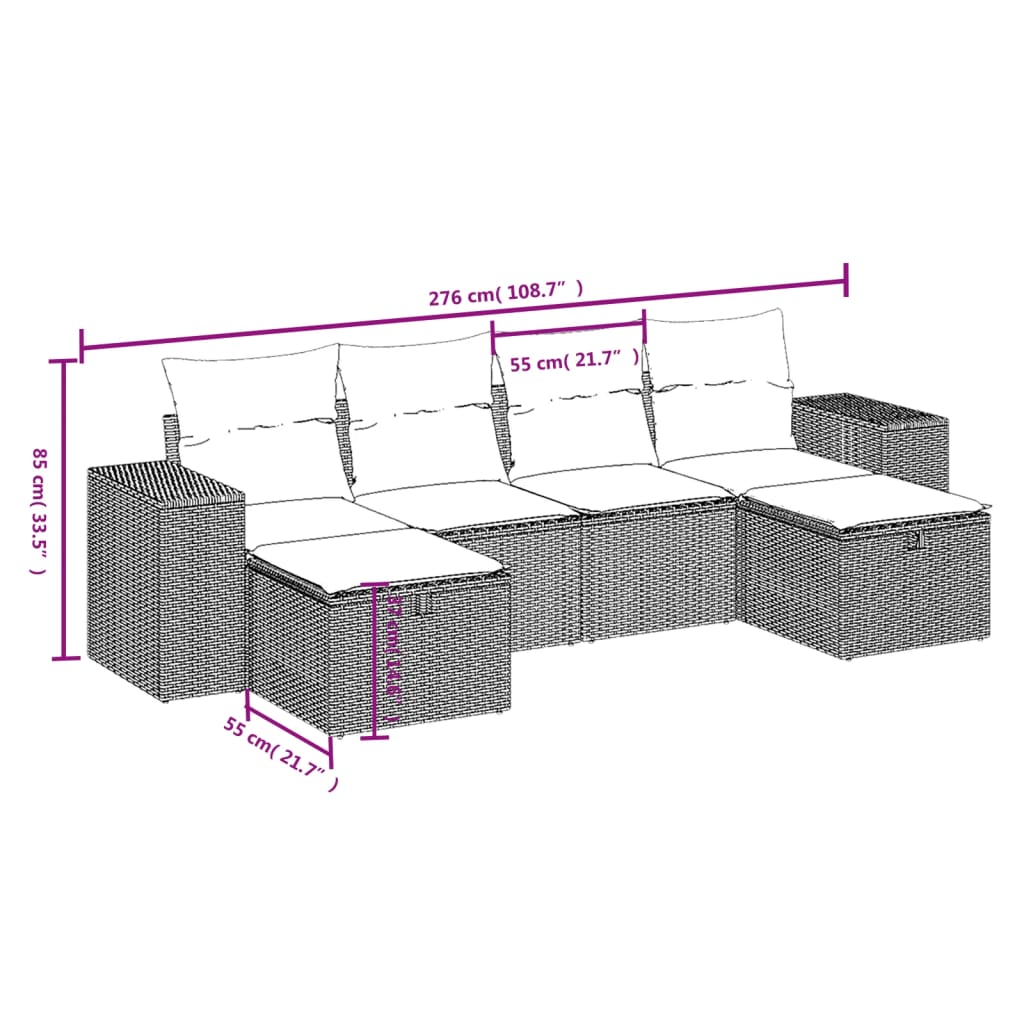 Set Divano da Giardino 6 pz con Cuscini Marrone in Polyrattan