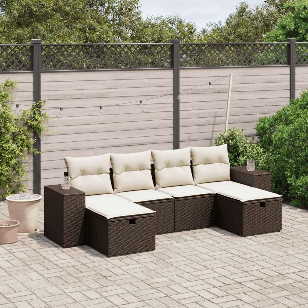 Set Divano da Giardino 6 pz con Cuscini Marrone in Polyrattan