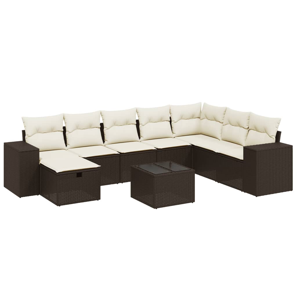 Set Divani da Giardino 9pz con Cuscini Marrone in Polyrattan