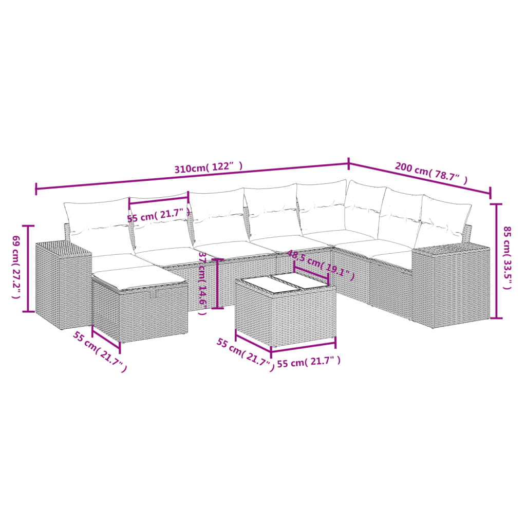 Set Divani da Giardino 9pz con Cuscini Marrone in Polyrattan