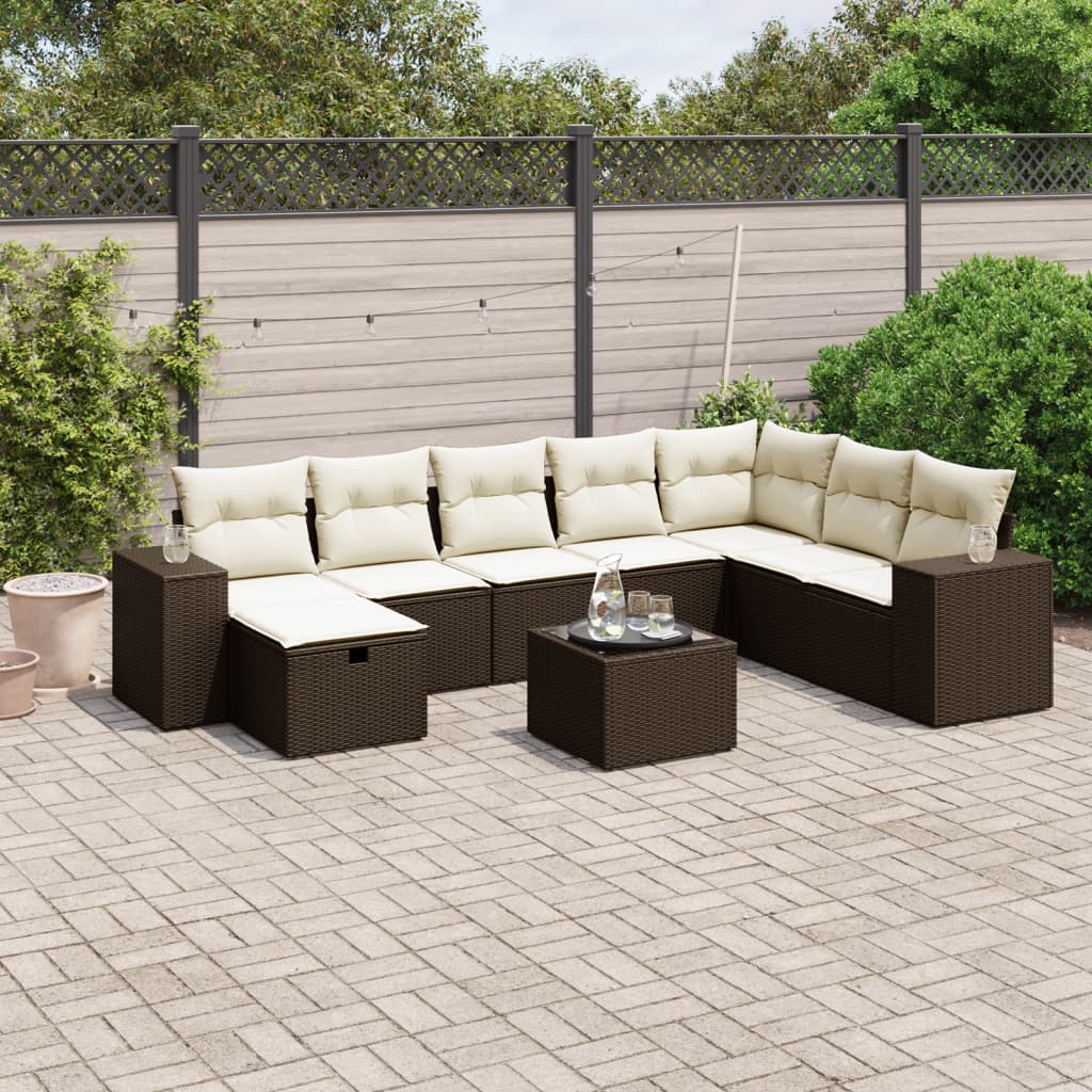 Set Divani da Giardino 9pz con Cuscini Marrone in Polyrattan