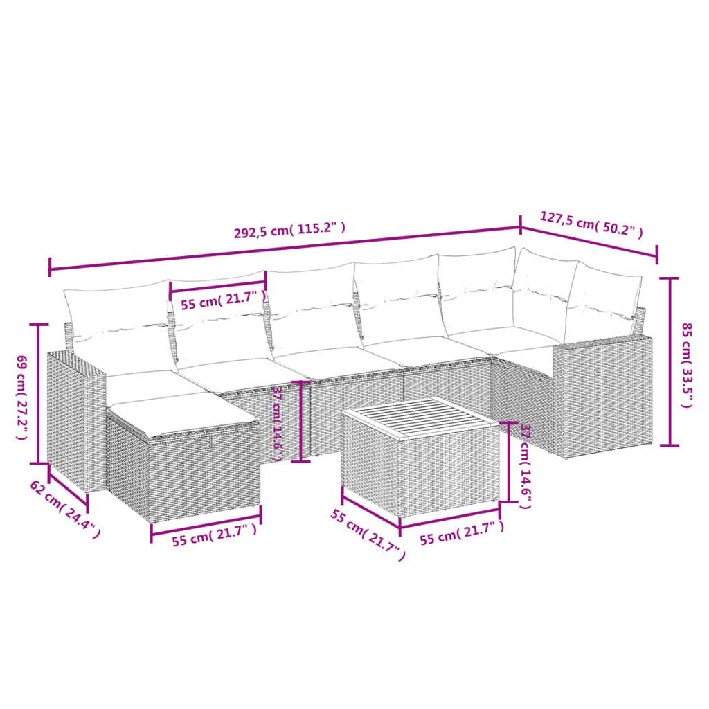 Set Divano da Giardino 8 pz con Cuscini Grigio in Polyrattan