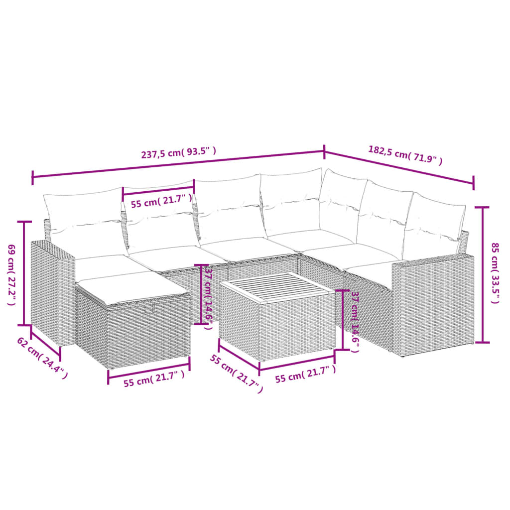 Set Divano da Giardino 8 pz con Cuscini Grigio in Polyrattan