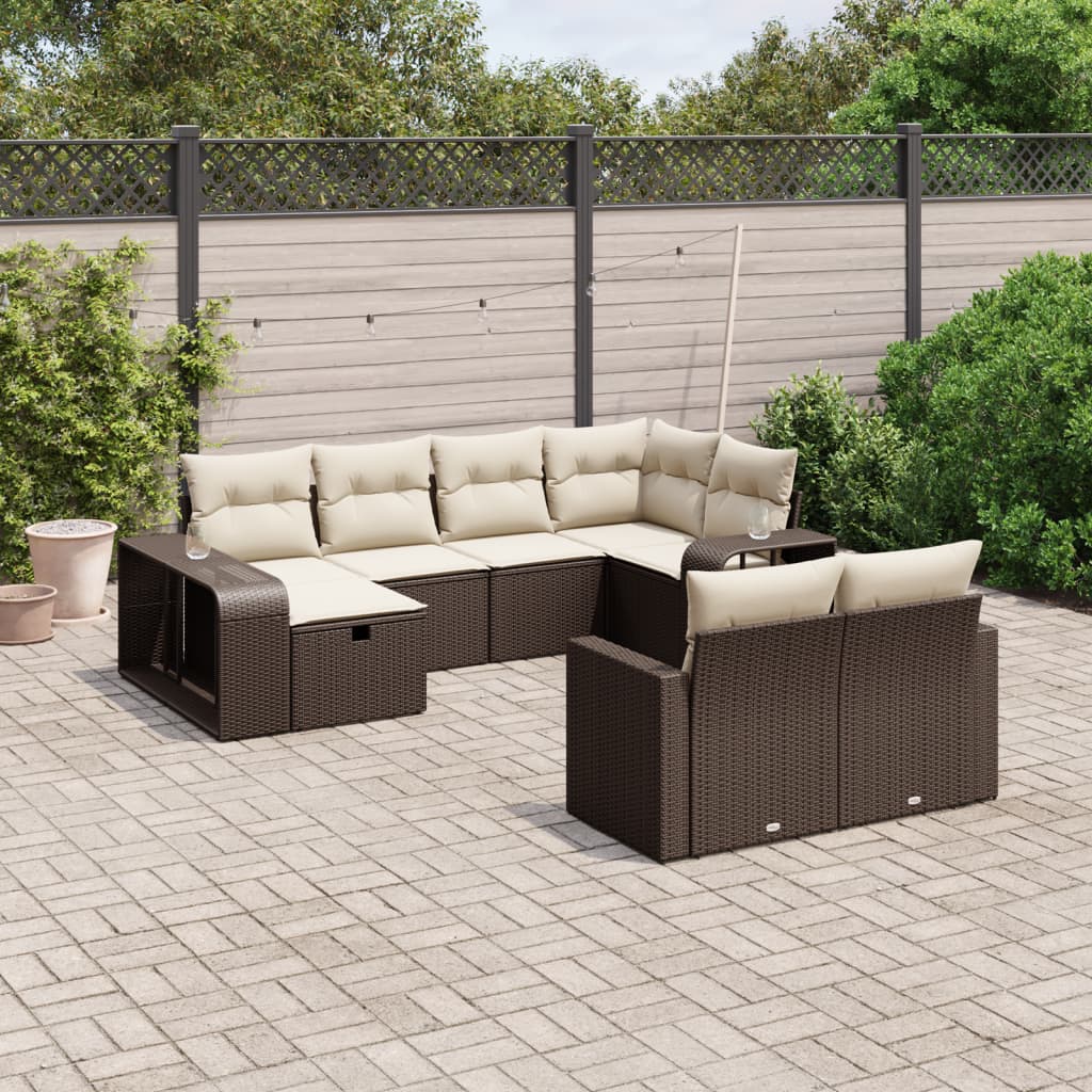 Set Divani da Giardino 10pz con Cuscini in Polyrattan Marrone