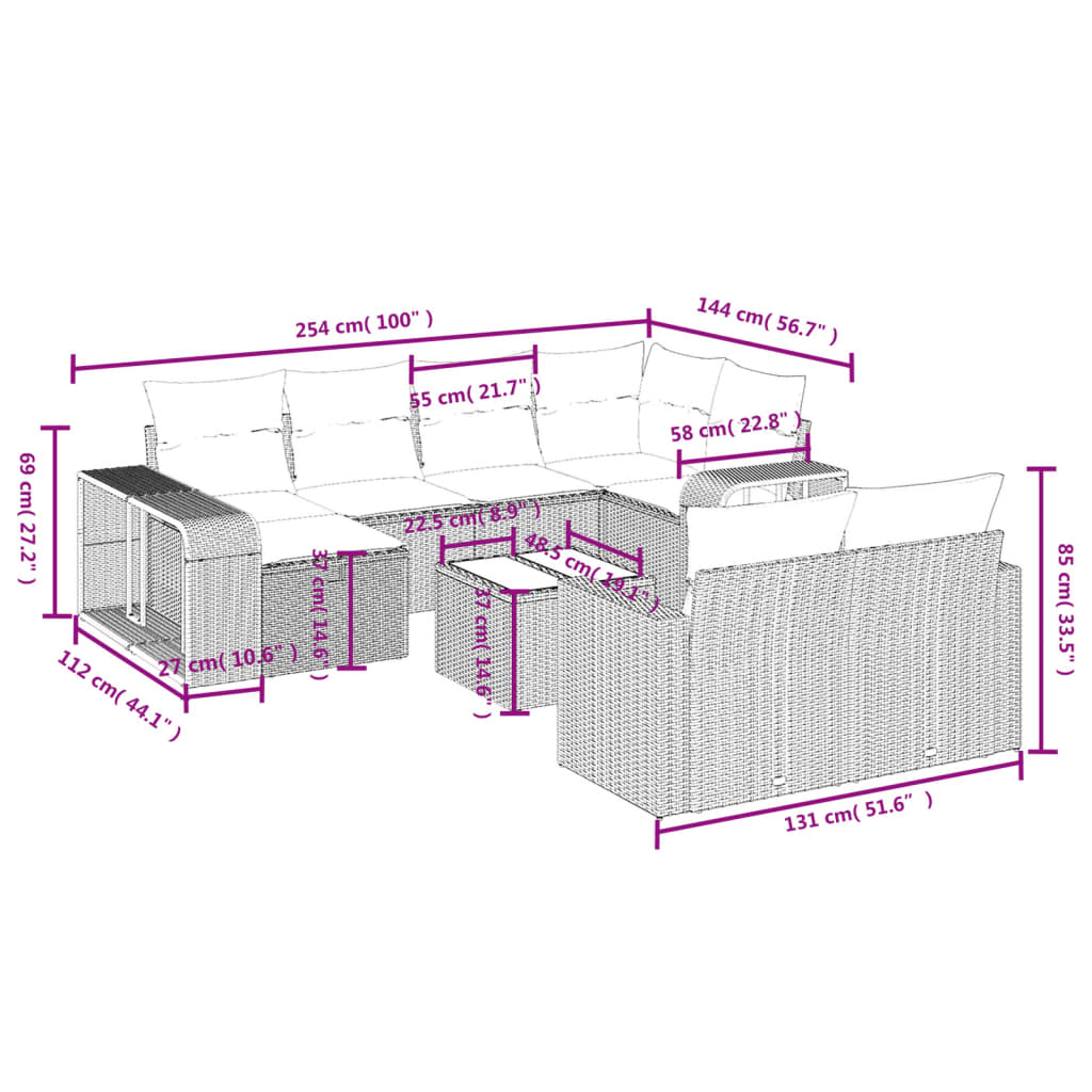 Set Divani da Giardino 11 pz con Cuscini in Polyrattan Grigio