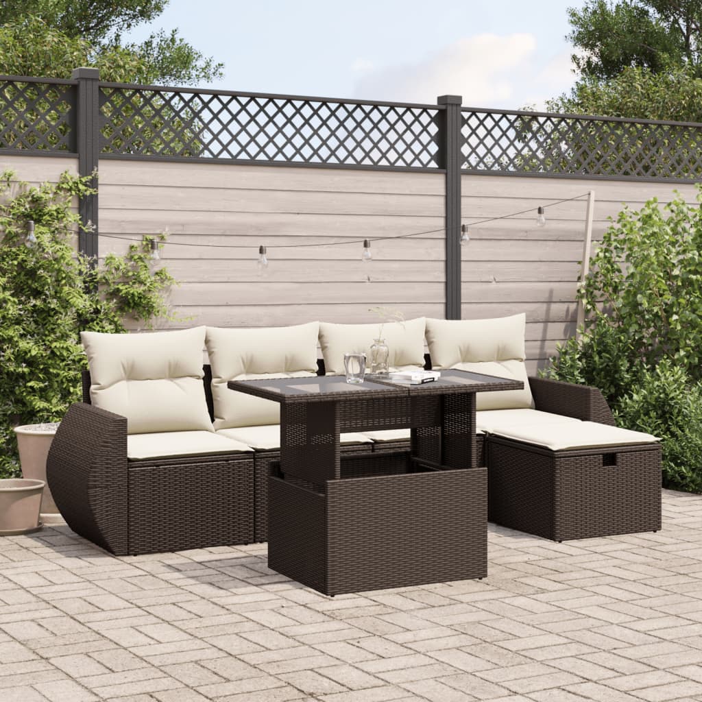 Set Divano da Giardino 6 pz con Cuscini Marrone in Polyrattan