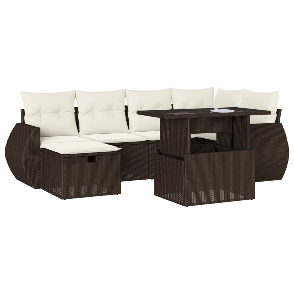 Set Divani da Giardino 7 pz con Cuscini Marrone in Polyrattan