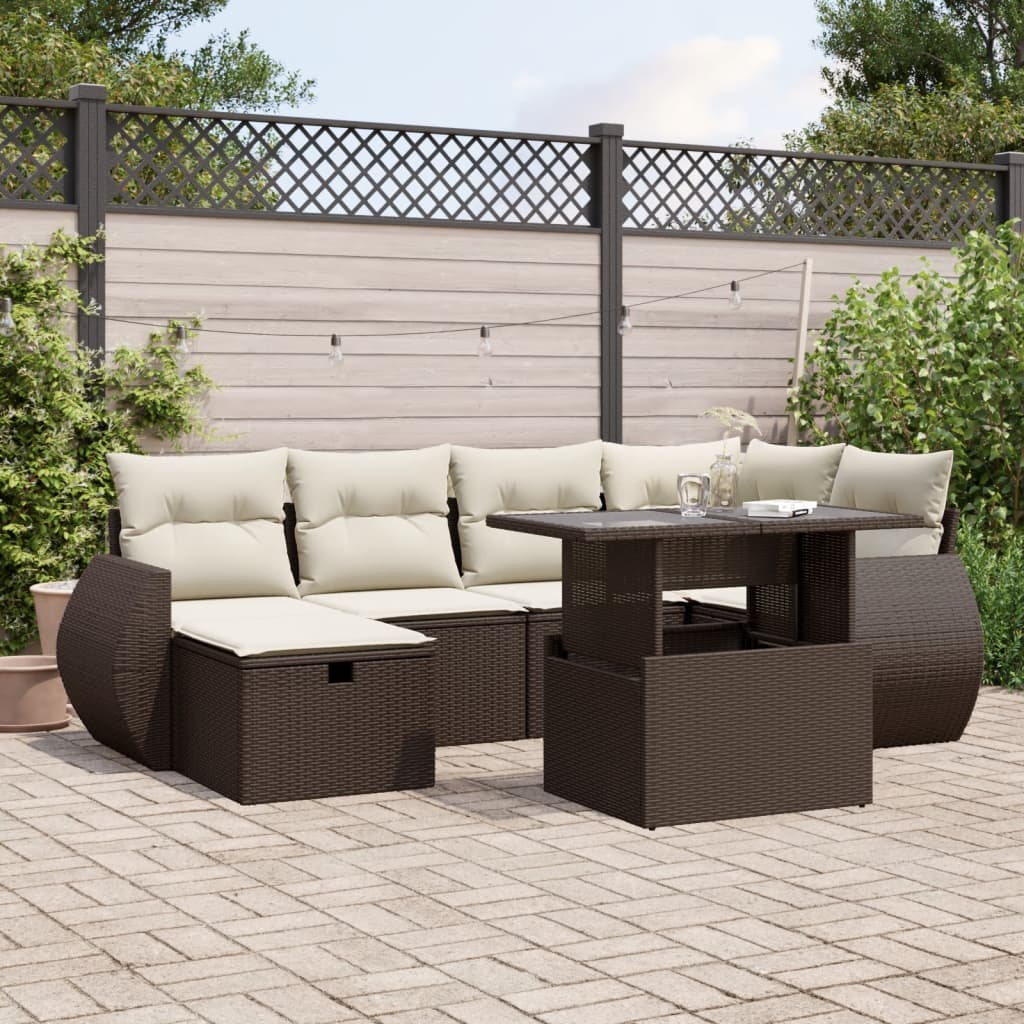 Set Divani da Giardino 7 pz con Cuscini Marrone in Polyrattan